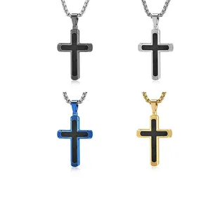 Men Cross Pendant Necklace Titanium Stainless Steel Carbon Fiber Inlay Box Chain Hip Hop Trendy Jewelry