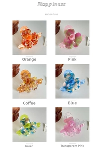 Detail of floral acetate shark hair clips in six marble textured assorted colors