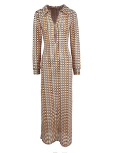Detailed close-up of multi-color crochet knit patterns on this long beach maxi dress