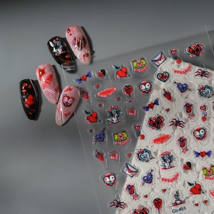 5D Halloween und Valentine Gothic Nagelaufkleber mit roten Herzen und Spinnenmotiven