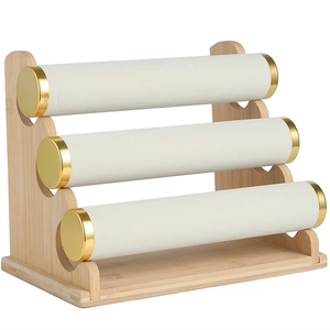 Three-tier bamboo and velvet jewelry display stand for bracelets and watches