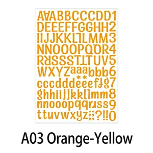 Detail view of model A03 orange vinyl letter stickers with alphabet and numbers
