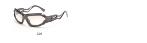 Detail of gunmetal sports sunglasses with futuristic hollow wavy temples and tinted lens