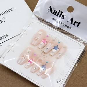 French ballet press-on nails set with pink and blue star patterns and rhinestones