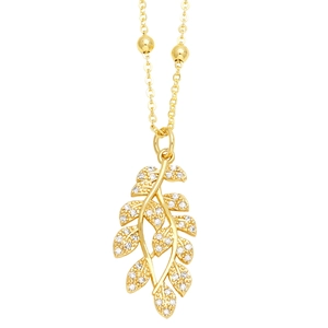 Elegant gold leaf pendant necklace with white crystals on a minimalist bead chain