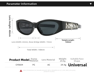Detailed dimension guide for Y2K sunglasses showing frame size and silver star hardware