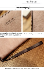 Detail of pink PU leather long wallet with precise stitching and woven wristlet strap