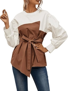 Elegant patchwork puff sleeve shirt with irregular hem and belt for office women
