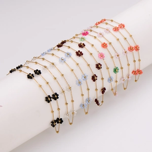 British style floral beaded bracelet set with colorful crystal flowers and gold chain