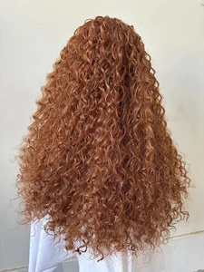 Rear view of long auburn synthetic wig showing tight afro curls and texture detail