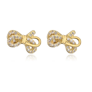18K gold-plated bowknot stud earrings with micro-set zircon stones on white background