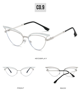 Detailed views of silver hollow cat-eye sunglasses frames from 45 degree and front angles