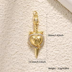 Gothic 18K gold leopard heart pendant with sword and skull design measuring 36mm in length