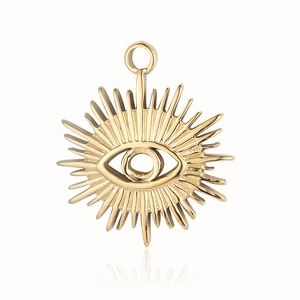 Detail of a golden evil eye pendant with sunburst texture and polished metal finish