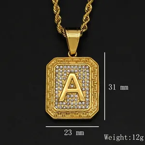 Hip hop iced out A-letter square pendant necklace with Greek key border and twist chain