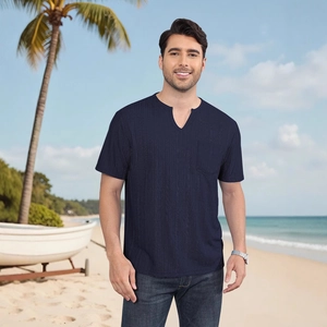 Men's navy blue short sleeve V-neck shirt with cotton linen texture and chest pocket