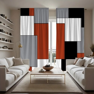Detail of red and black geometric block patterned polyester curtains for modern living rooms