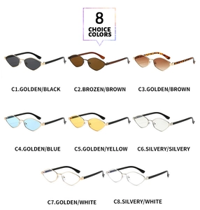 Flat lay of retro irregular metal sunglasses in 8 color variants on white background