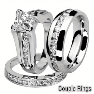 Princess Cut Square Cubic Zirconia Stainless Steel Wedding Engagement Rings For Couples Fashion Classic Jewelry