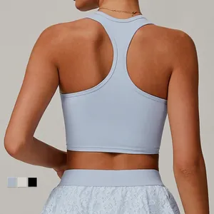 Light blue racerback yoga bra with lace details for fitness and running workouts