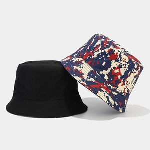 Detail of reversible camouflage bucket hat in black and digital pattern canvas fabric
