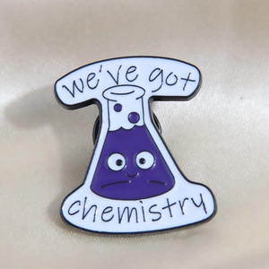 Creative enamel chemistry flask pin with purple liquid and text for clothes and hats