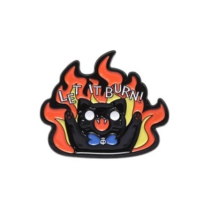 Cartoon black cat enamel pin with flames and Let It Burn slogan for clothing