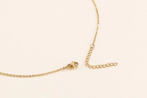 Close-up of golden lobster clasp and extension chain on stainless steel ball necklace