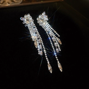 Détail des boucles d'oreilles à longs gland argentés avec zircons brillants sur velours