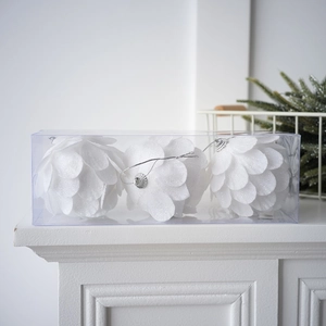 Close-up of three white glitter pinecone Christmas ornaments in clear packaging