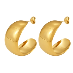 Polished gold PVD coated stainless steel C-shaped hoop earrings for women on white background