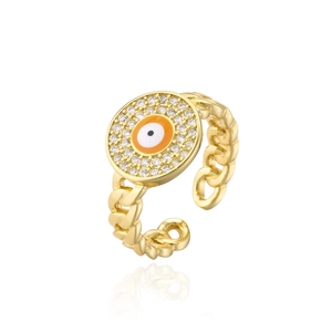 Detail of golden evil eye ring with white crystals and chain-link adjustable band