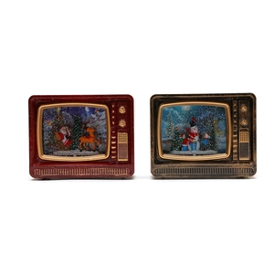 Retro TV Christmas lanterns with Santa and reindeer scenes in red and bronze finish