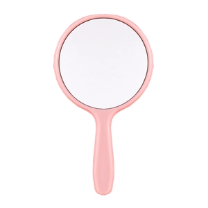 Pink handheld round makeup mirror with ergonomic plastic handle for portable daily use