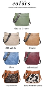 Collection of minimalist leather crossbody bags in seven colors including leopard print