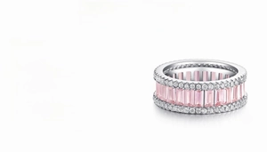 Detail of S925 sterling silver ring with pink gems and lab-grown high carbon diamonds