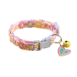 Pink lace cat collar with colorful floral embroidery, golden bell and rainbow heart charm