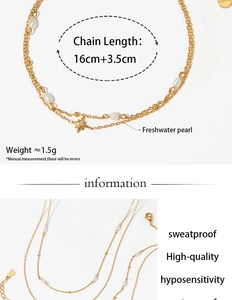 Detail view of gold stainless steel layered pearl bracelet with star pendant specifications