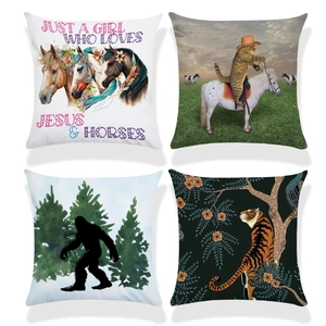 Set of four modern square linen pillow covers with cute dog bee and religious horse prints
