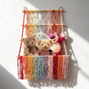 Bohemian rainbow hand-woven cotton macrame storage rack for doll display and wall decor