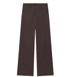 Detailed view of dark brown high-waisted wide-leg trousers with smooth fabric texture