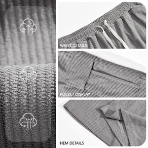 Men's grey corduroy cargo joggers with multi-pocket design and drawstring waist details