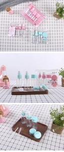 Travel bottle set including spray bottles and cream jars in transparent plastic storage bag
