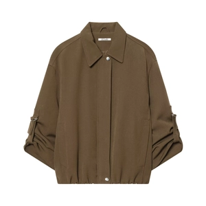 Women Bomber Jacket Brown Lapel Long Sleeve Casual Streetwear Short Outerwear Elastic Hem Metal Buckle Polyester