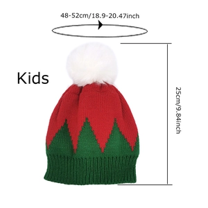 Size detail of kids' Christmas knitted beanie with white pom pom and measurements
