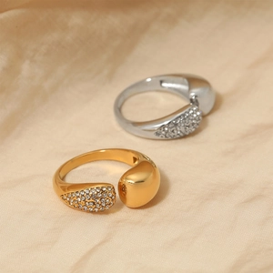 Polished stainless steel open rings in gold and silver with sparkling crystal inlay