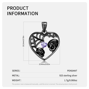 Gothic S925 sterling silver black heart skull pendant with purple crystal and zircon