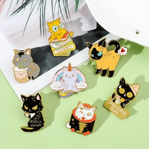 Detailed view of assorted cartoon cat enamel pins featuring milk tea and funny quotes