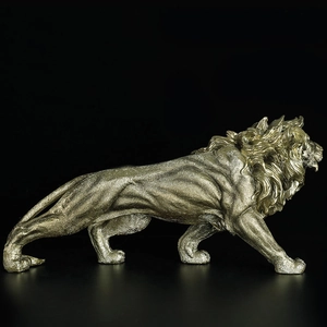Golden lion resin sculpture with metallic texture for office and home decor