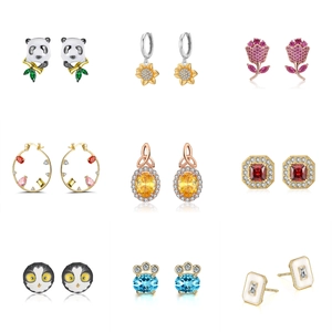 Detailed grid of 925 silver earrings with animal, floral, and colorful gemstone designs